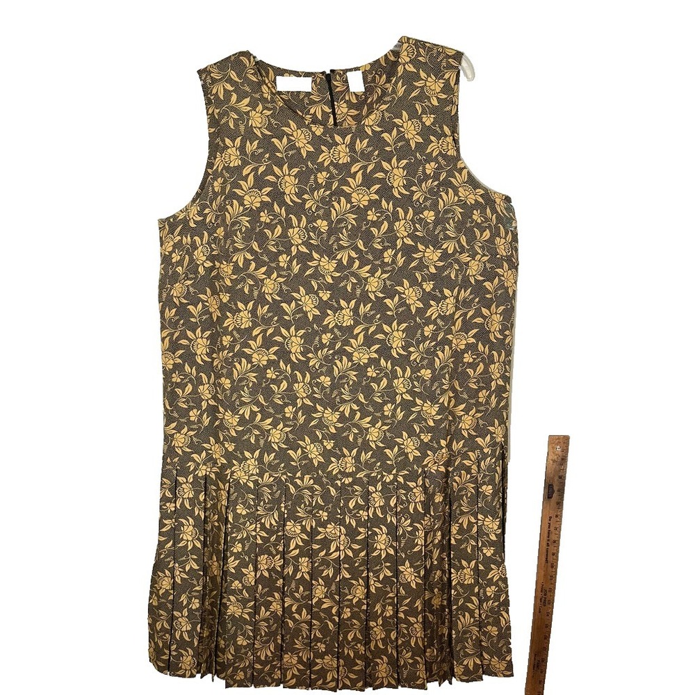 Vintage Floral Pleats Shift Dress 20 Yellow Retro Mod Boho Indie Preppy Chic 80s